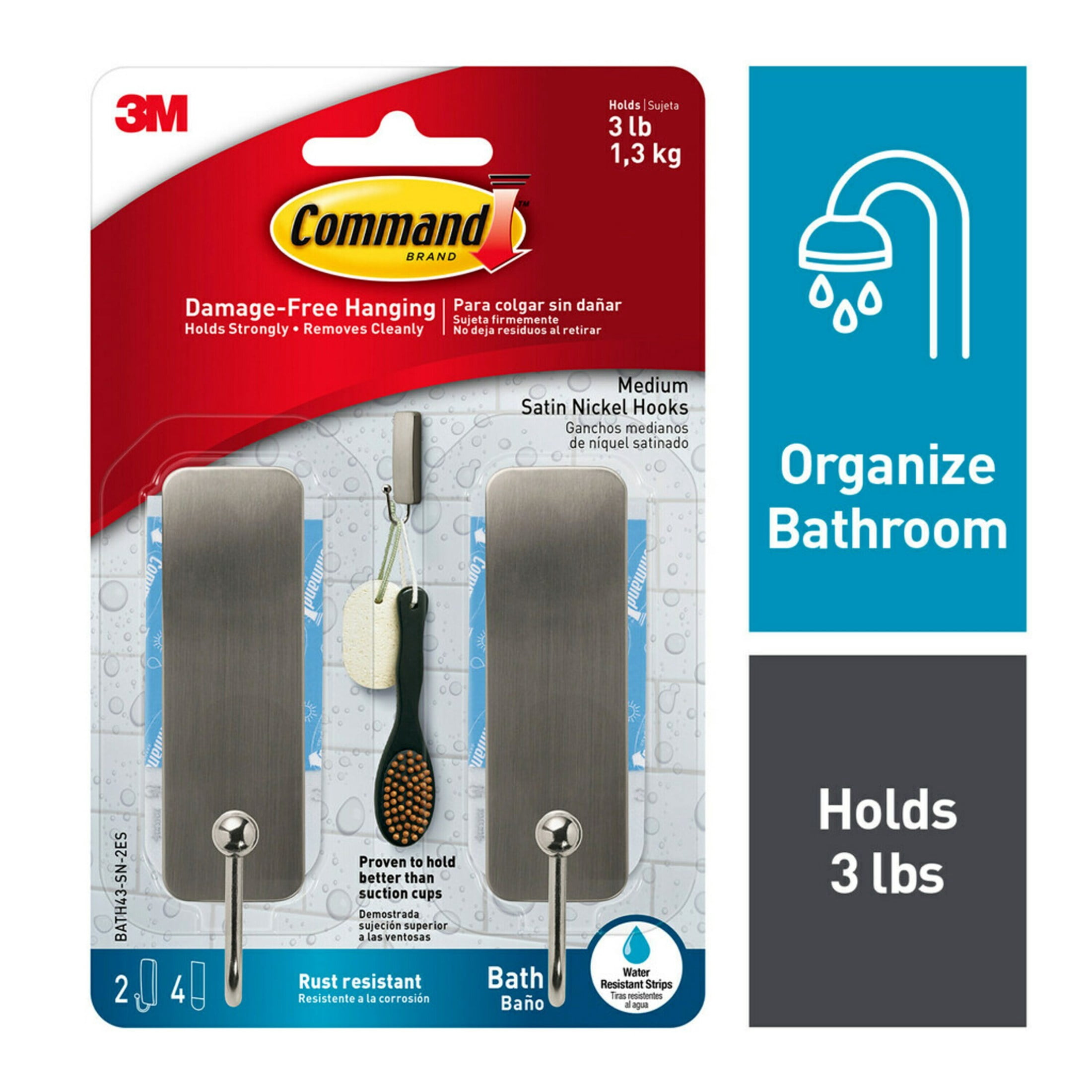 Command Bath Medium Hooks, Satin Nickel, 2 Wall Hooks, 4 Water Resistant Strips, Bath Organization