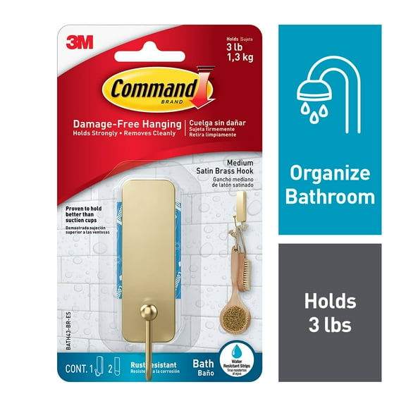 Command Bath Medium Satin Brass Finish, 1 Hook