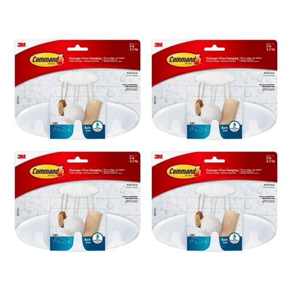 Command Bath Multi-Hook Large Frosted Adhesive 1 Multi Hook 2 Large Strips, 4-Pack