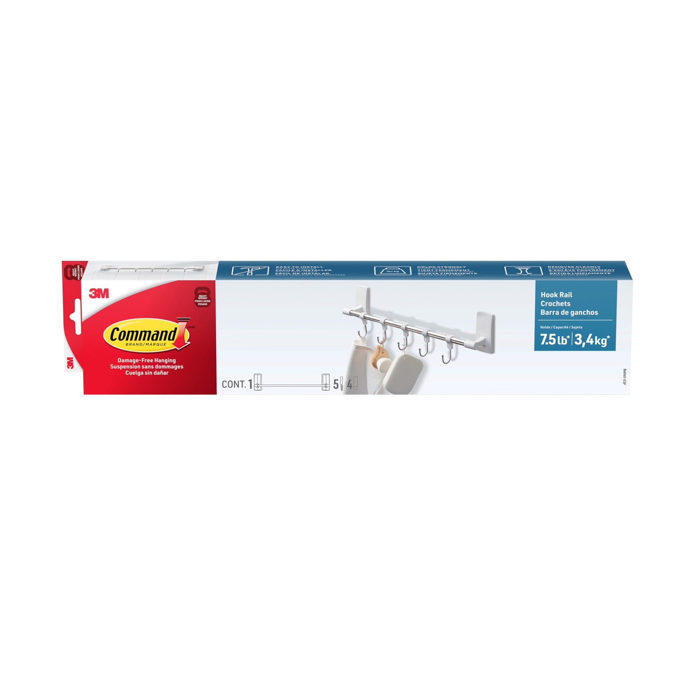 Command Bath MultiHook Rod, White Nickel, 1 Rod, 5 Hooks,