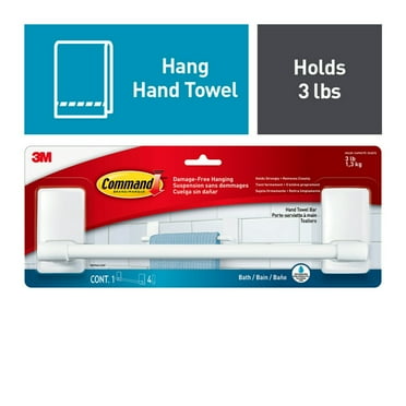 Command Bath Plastic Hand Towel Bar, White, 1 Hand Towel Rack, Holds 3 lbs, 4 Strips