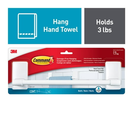 Command Bath Plastic Hand Towel Bar, White, 1 Hand Towel Rack, Holds 3 lbs, 4 Strips