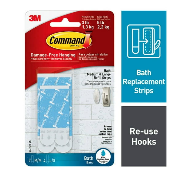 Command Bath Refill Strips, Water Resistant, White/Blue, 2 Medium and 4 Large Per Pack, BATH22-ES