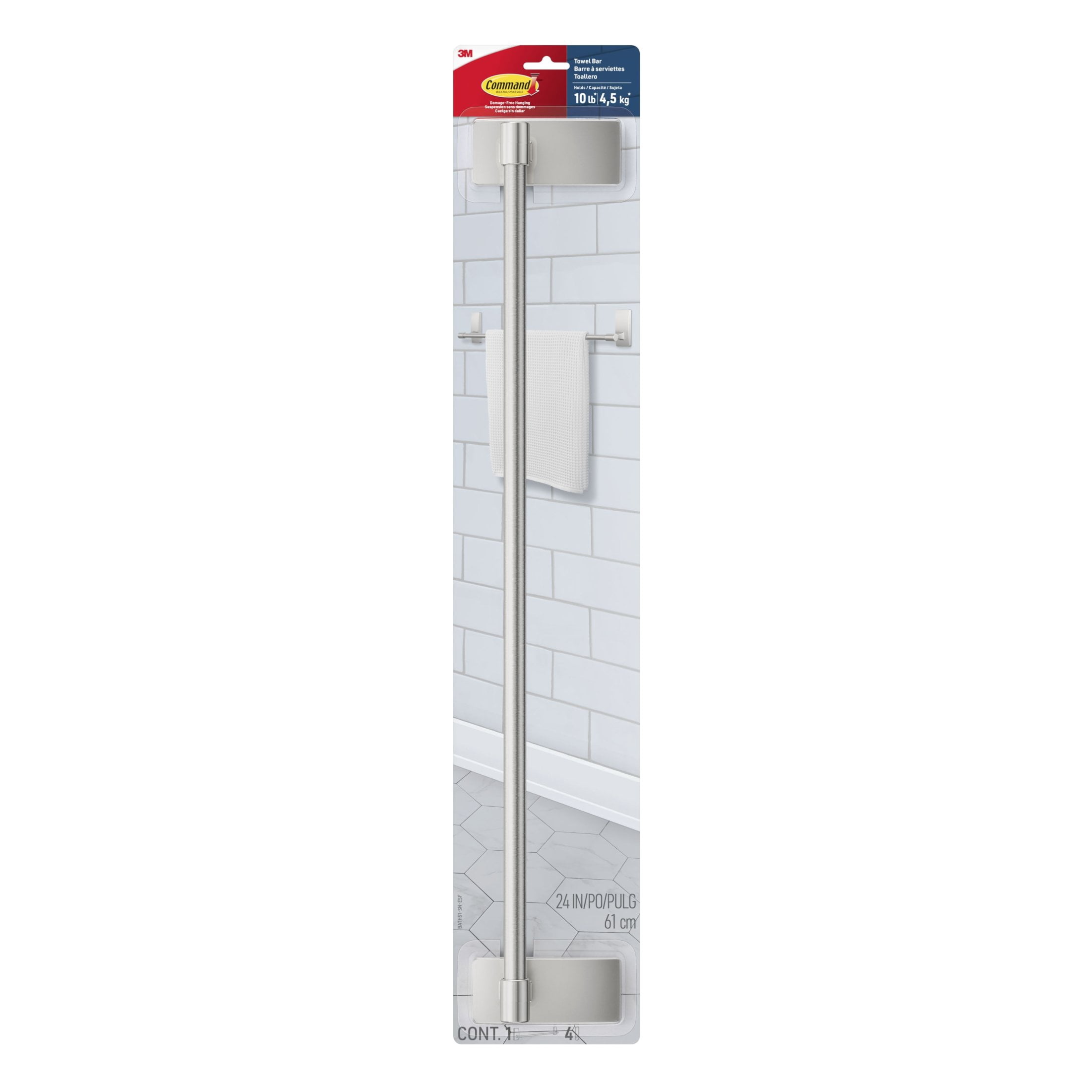 Command Bath Satin Nickel Towel Bar, Holds 10 lbs, 4 Large Strips