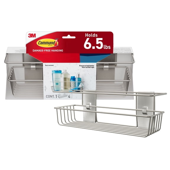 Command Bath Shower Caddy, Satin Nickel, 1 Caddy, 4 Water Resistant Strips, Bathroom Organization