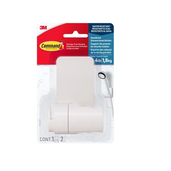 Command Bath Shower Head Bracket, White, 1 Bracket, 2 Large Bars, 4-Pound Weight