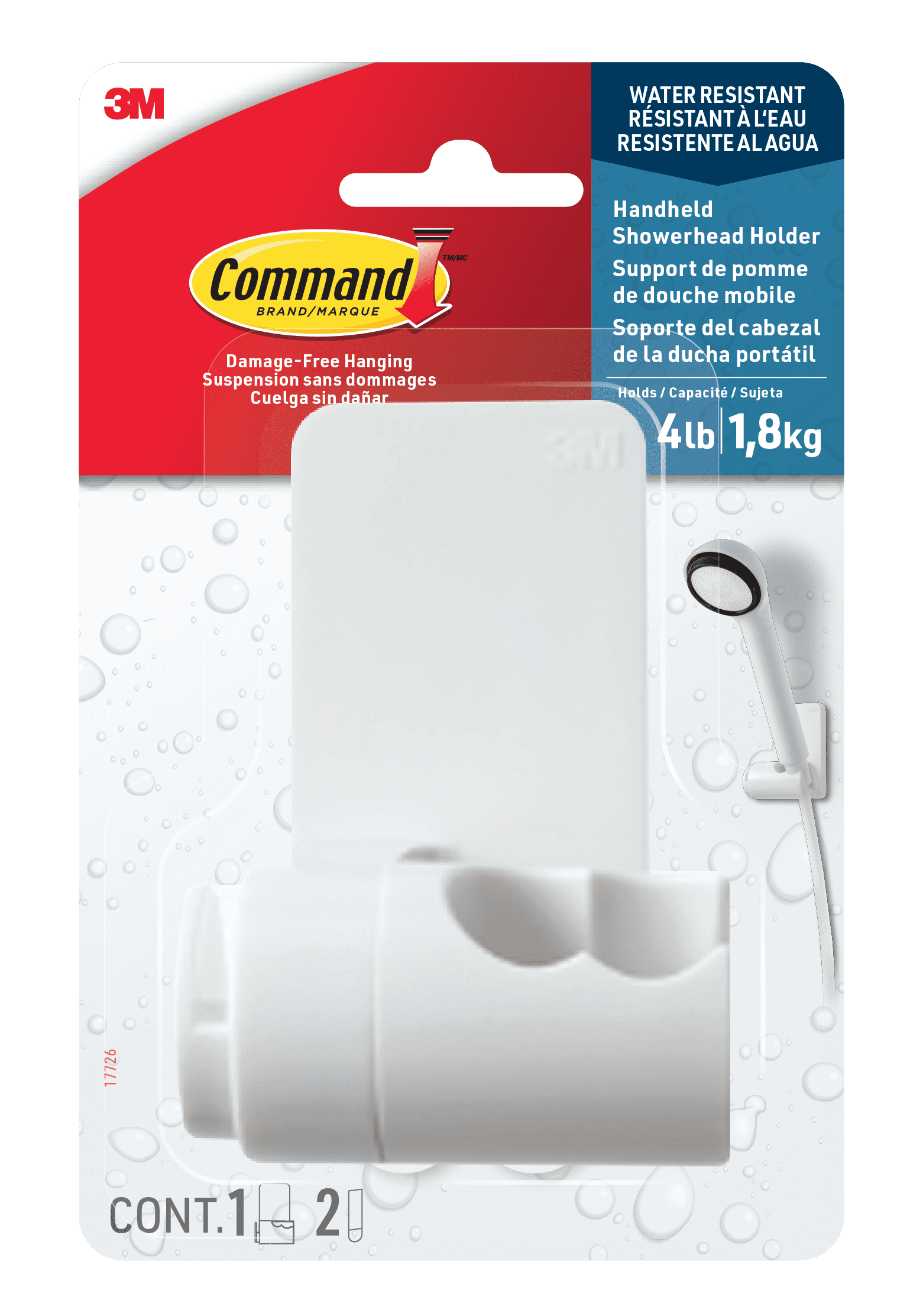 Command Bath Shower Head Holder, White, 1 Holder, 2 Large Strips, Bathroom Organization, Holds 4 lbs