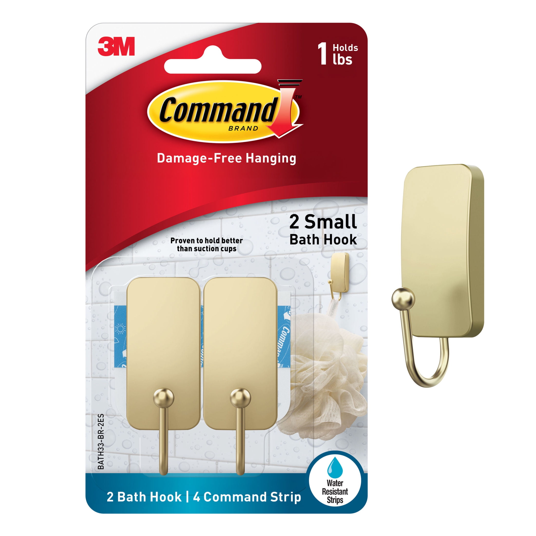 Command Bath Small Brass Finish Double Hook 2 Pack