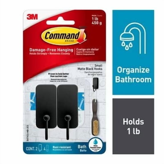 Command Bath Small Hooks, Matte Black, BATH33-MB-2ES