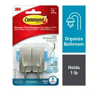 Command Bath Small Hooks, Satin Nickel, 2 Wall Hooks, 4 Water Resistant Strips, Bath Organization