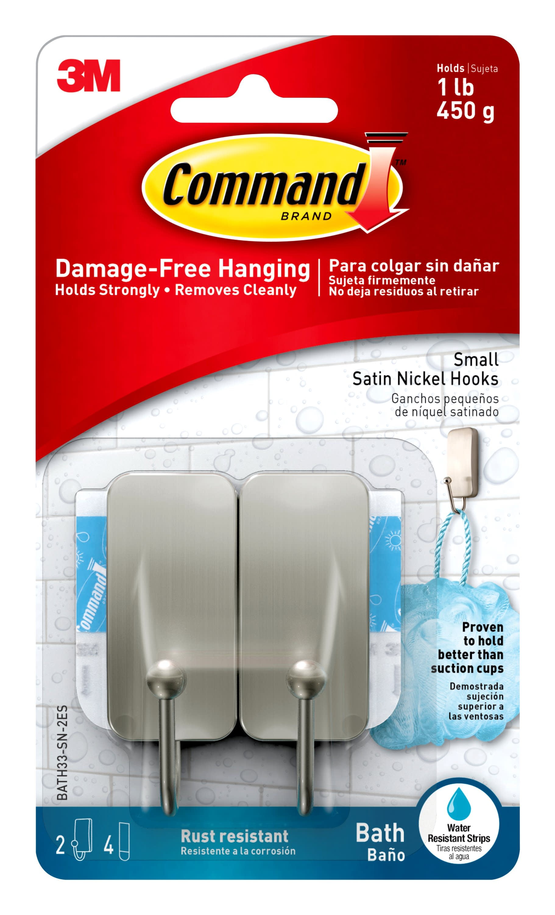 Command Bath Small Hooks, Satin Nickel, 2 Wall Hooks, 4 Water Resistant Strips, Bath