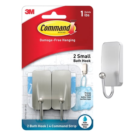 Command Bath Small Hooks, Satin Nickel, 2 Wall Hooks, 4 Water Resistant Strips, Bath Organization