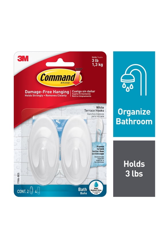 Bath Terrace Hooks, Quartz, 2 Wall Hooks, 4 Water Resistant Strips, Bathroom Organization