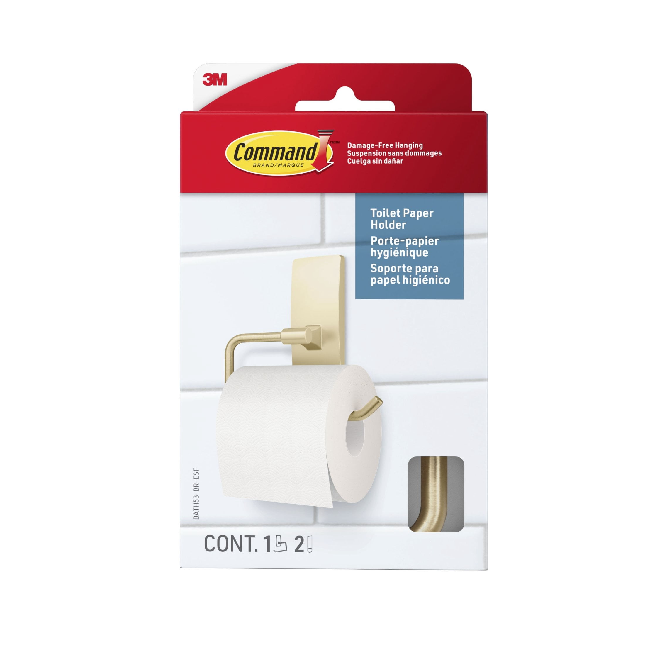 Command Bath Brass Toilet Paper Holder, Damage-Free, 1 Toilet Paper Holder, 2 Adhesive Strips