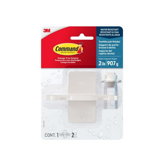 Command Bath Toothbrush Holder, White, Plastic, 1 Holder, 2 Medium Strips, Hold 2 lbs