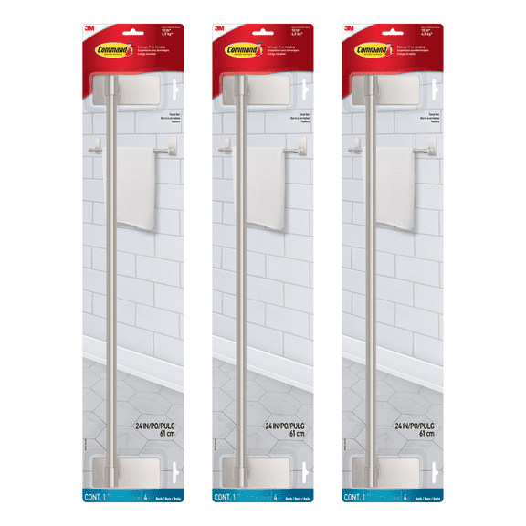 Command Bath Towel Bar: 24 in. width (Satin Nickel) 4 strips [3-pack] BATH51-SN-ESF
