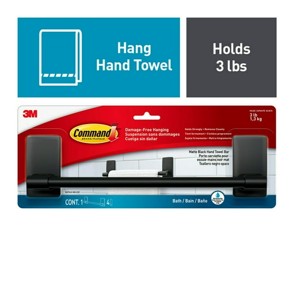 Command Bath Towel Bar Matte Black, Holds 3 lbs, Bathroom Organization, 4 Strips