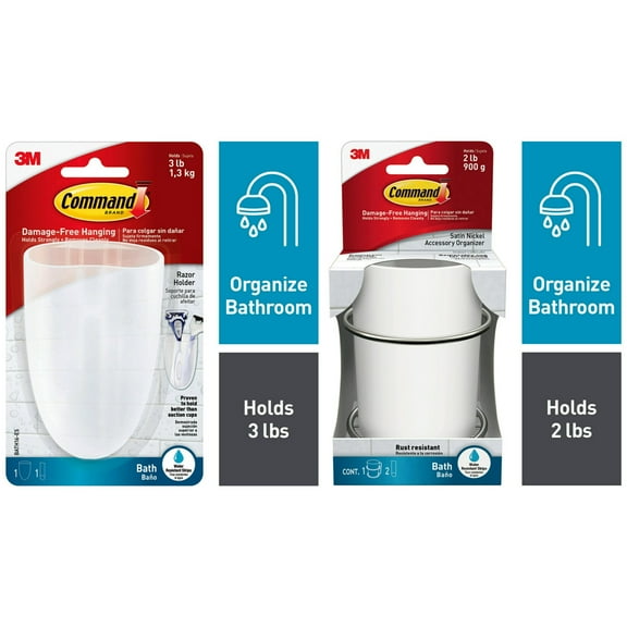 Command Bath White & Satin Nickel Accessory Toothbrush Organizer, 1 Organizer and Command Razor Holder, Frosted, Medium, 1 Holder