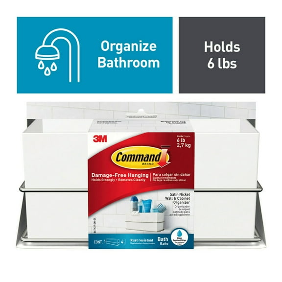 Command Bath White & Satin Nickel Wall and Cabinet Organizer, 1 Organizer, 4 Strips, Rust Resistant