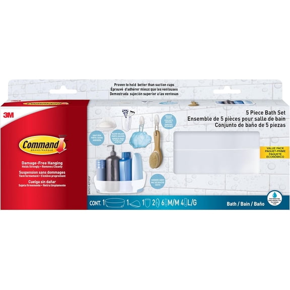Command Bathroom Accessories, 5 Piece Bathroom Organizer Set - 1 Shower Caddy, 1 Soap Dish, 1 Toothbrush Holder, 2 Hooks with Water Resistant Strips