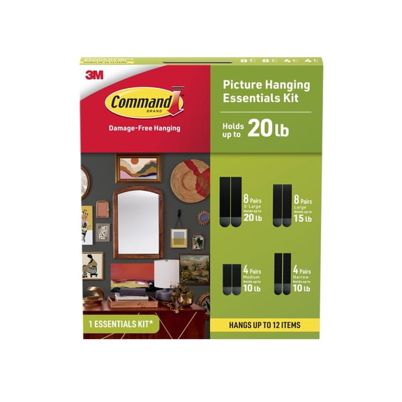 Command Black Picture Hangers Kit, Holds up to 20 lb., 4 Sizes of Strips, Hangs up to 12 Items