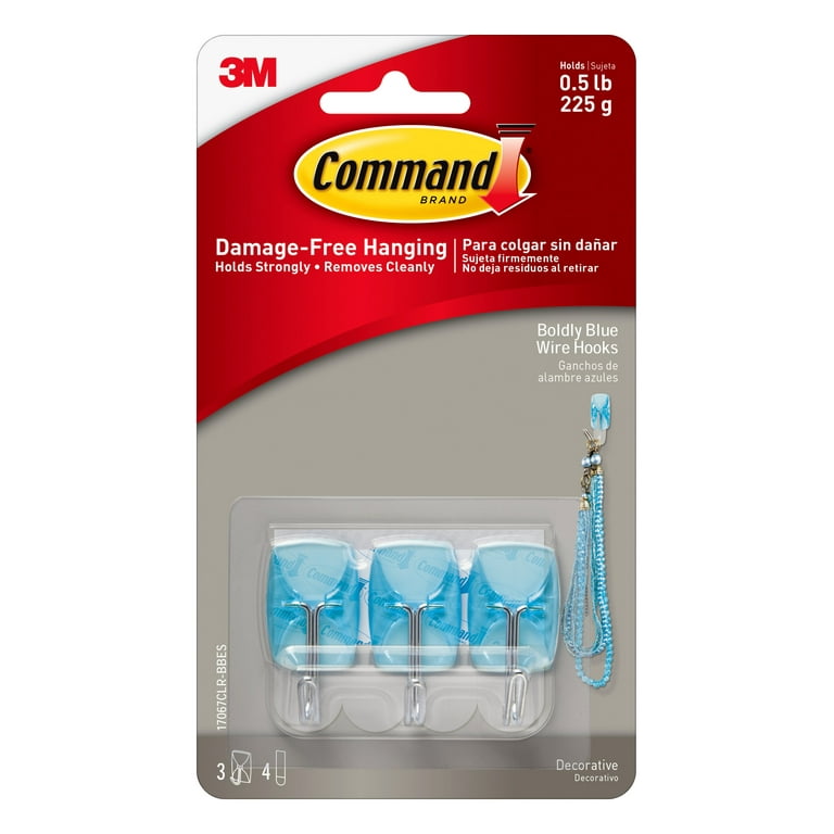 Command Boldly Blue Wire Hooks, Small, 3 Hooks, 4 Clear Strips/Pack 
