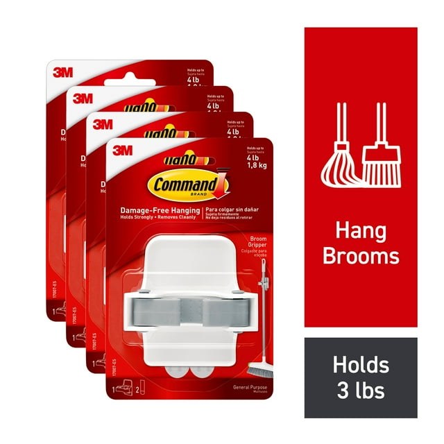 Command Broom Gripper, White, 4 Grippers, 8 Strips