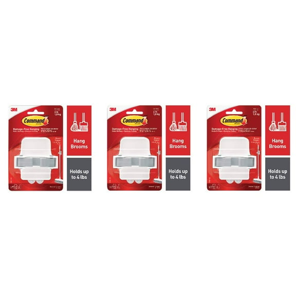 Command Broom Mop Stick Gripper Holder Indoor White Grey, 3-Pack