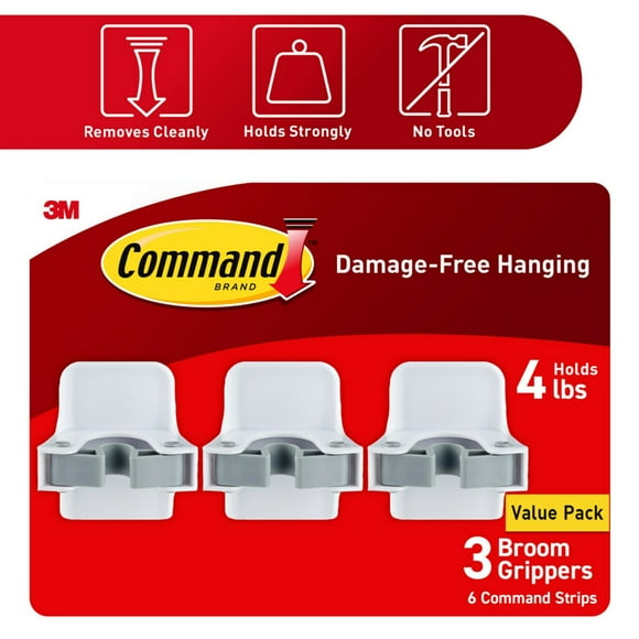 Command Broom and Mop Grippers Wall Hook, White, Damage Free Organizing, 3 Hangers