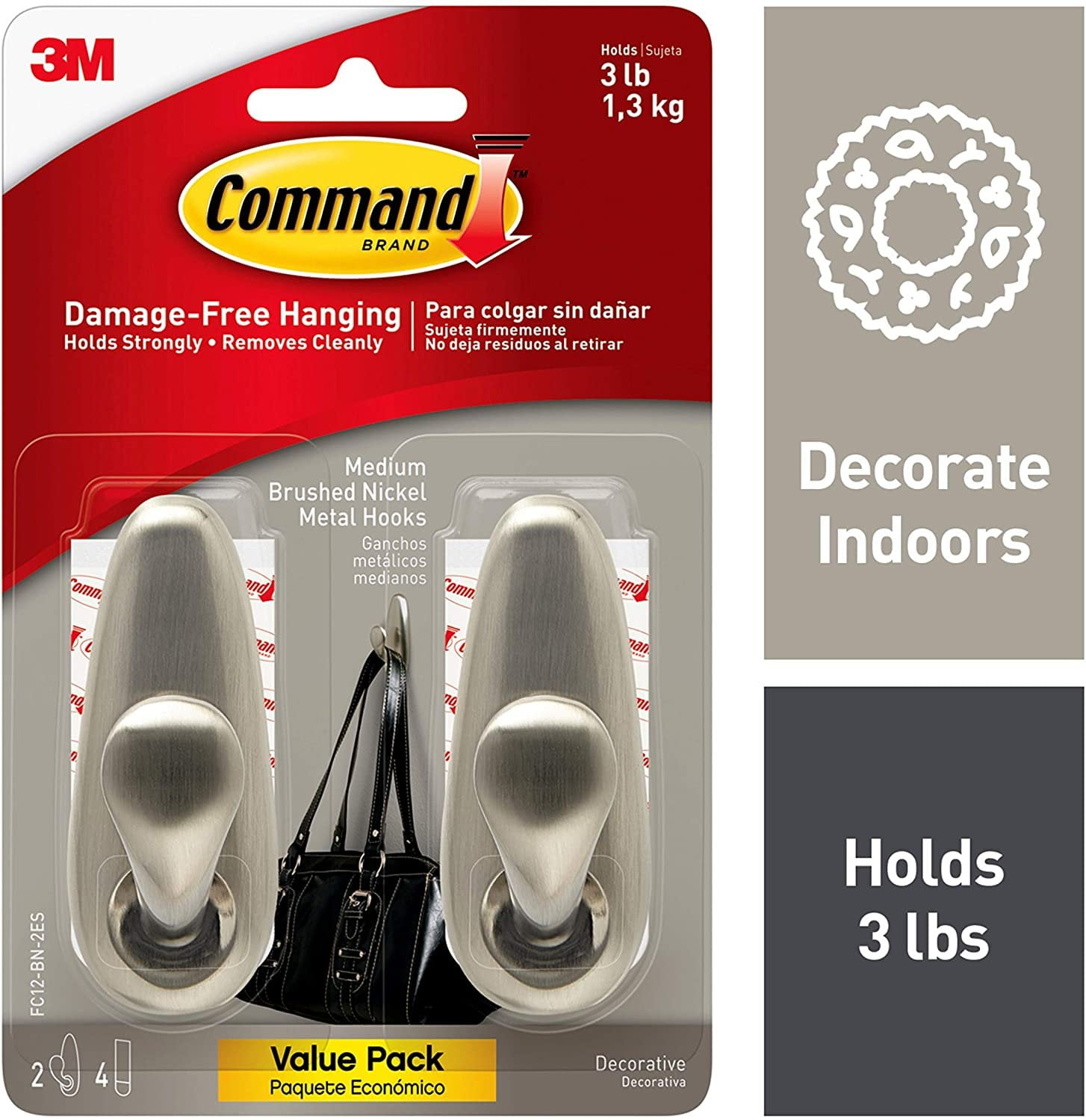 Command Brushed Nickel Forever Classic Metal Hook, Holds 3 lbs, Decorate Damage-Free, Indoor Use FC12-BN-2ES