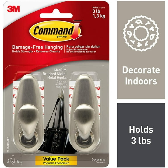 Command Brushed Nickel Forever Classic Metal Hook, Holds 3 lbs, Decorate Damage-Free, Indoor Use FC12-BN-2ES