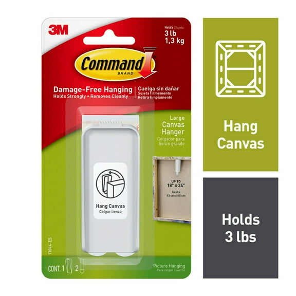 Command Canvas Hanger, Holds 3 lb, Large, White, 1 Canvas Wall Hanger, 2 Pairs Adhesive Strips