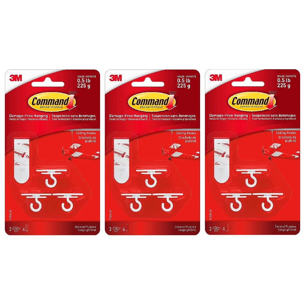 Command Ceiling Hooks 3 Plastic Hooks 4 Foam Strips White, 3 Pack