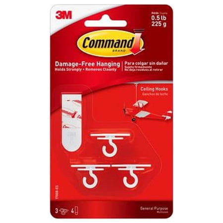 Command Ceiling Hooks 3 Plastic Hooks 4 Foam Strips, White