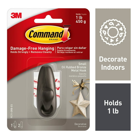 Command Classic Hook, Oil Rubbed Bronze, Small, 1 Hook, 2 Strips/Pack