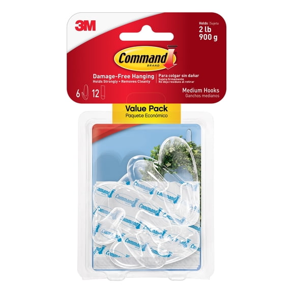 Command Clear Hooks, Medium, 6 Hooks, 12 Strips/Pack
