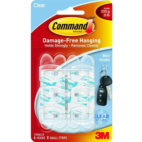 3M Command Mini Clear Hooks With Strips - Plastic, Adhesive - 25 Pack, Clear