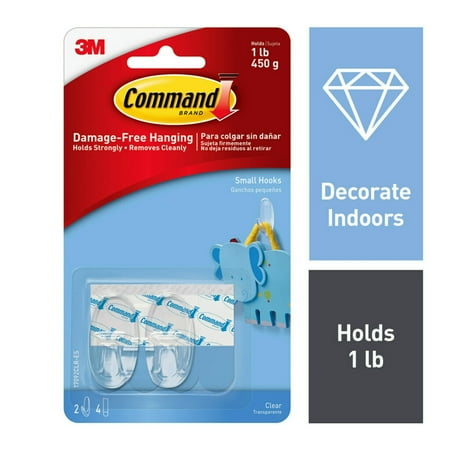 Command Clear Hooks & Strips, Plastic, Small, 2 Hooks & 4 Strips/Pack