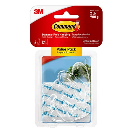 Command Clear Medium Hooks, 6-Hooks/Pack, 2-Packs, Organize Damage-Free