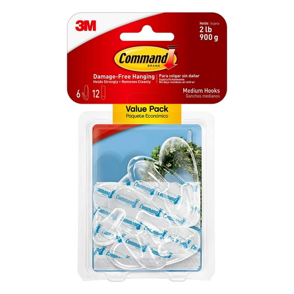 Command Clear Medium Hooks, 6-Hooks/Pack, 2-Packs, Organize Damage-Free