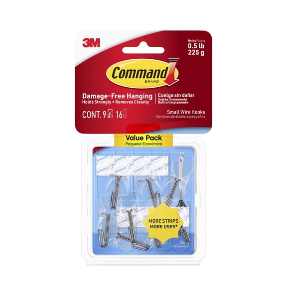 Command Small Wire Toggle Hooks, Clear, Damage Free Decorating, 9 Hooks
