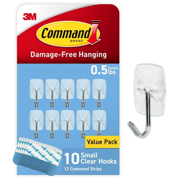 Command Small Clear Wire Hooks, Holds .5 lbs, Value Pack, 10 Small Wire Hooks, 12 Adhesive Strips