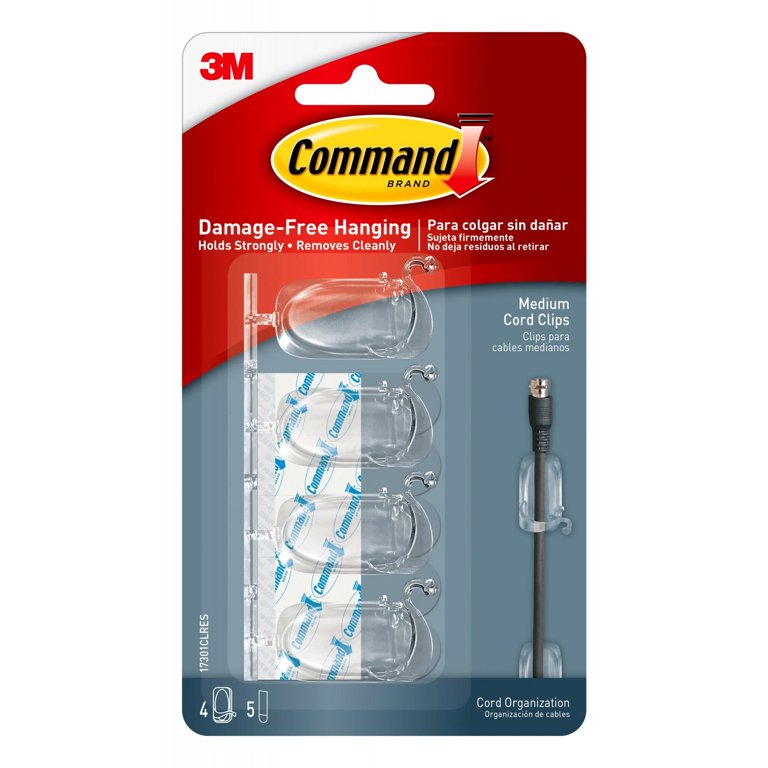 Command Cord Clip, Medium, 3/8 with Adhesive, Clear, 4-Pack 