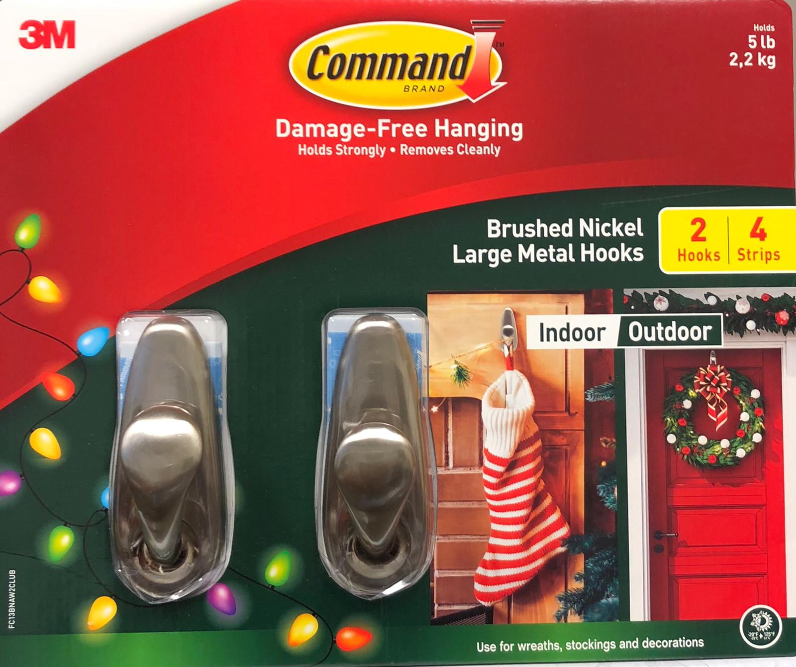Command Damage Free Hanging Traditional Large Plastic Hooks, Brushed Nickel, 2-Hook 4 Strips
