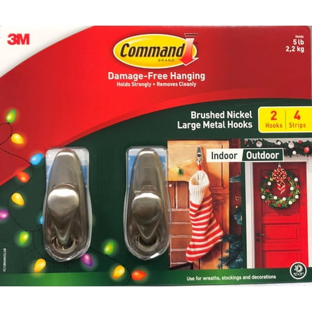 Command Damage Free Hanging Traditional Large Plastic Hooks, Brushed Nickel, 2-Hook 4 Strips