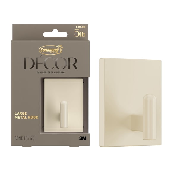 Command Decor Large Metal Hook, Light Beige, Holds 5 lbs, 1 Hook, 6 Medium Adhesive Strips