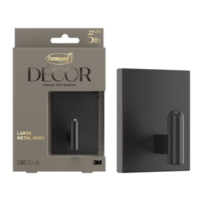 Command Decor Large Metal Hook, Matte Black, Holds 5 lbs, 1 Hook, 6 Medium Adhesive Strips