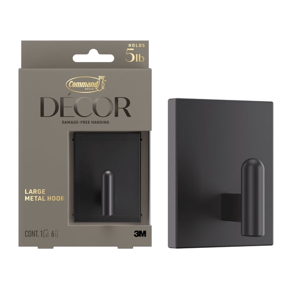 Command Decor Large Metal Hook, Matte Black, Holds 5 lbs, 1 Hook, 6 Medium Adhesive Strips