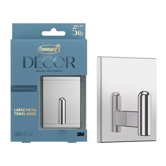 Command Decor Large Metal Bath Towel Hook, Chrome, Holds 5 lbs, 1 Hook, 6 Medium Adhesive Strips