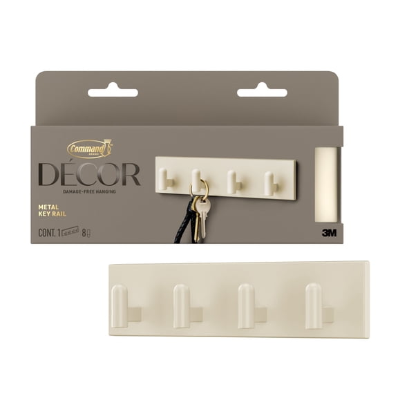 Command Decor Metal Key Rail, Light Beige, Strong Hold, 1 Hook Rail, 8 Small Adhesive Strips